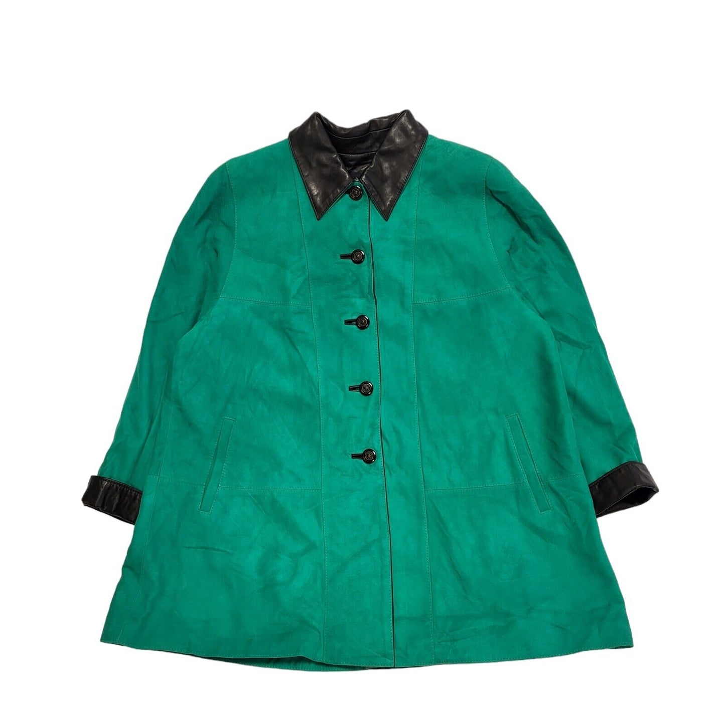 Caroline Moore Green Black Trim Suede Leather Coat Mac Women's uk 12 H390