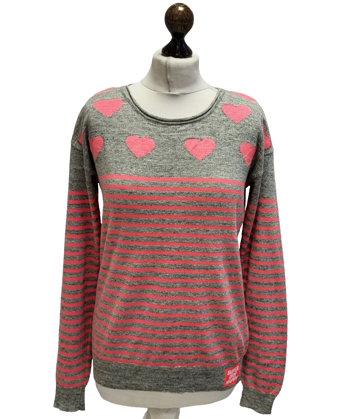 Superdry Jumper Pink Grey Striped Heart Print Uk Women's Size S G392