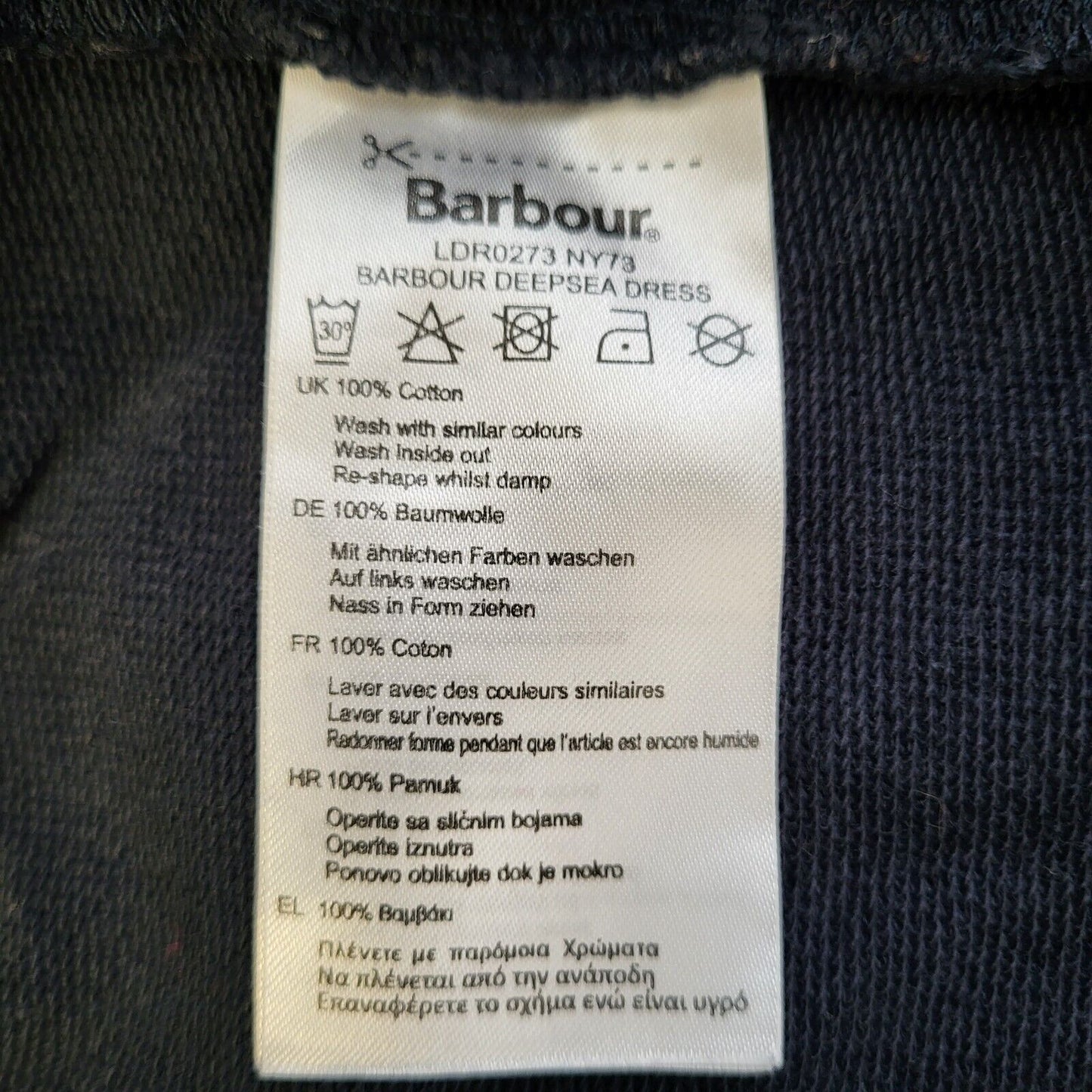 Vintage Barbour Navy Blue 3/4 Sleeve Drawstring Cotton Dress Women's L 12 H119