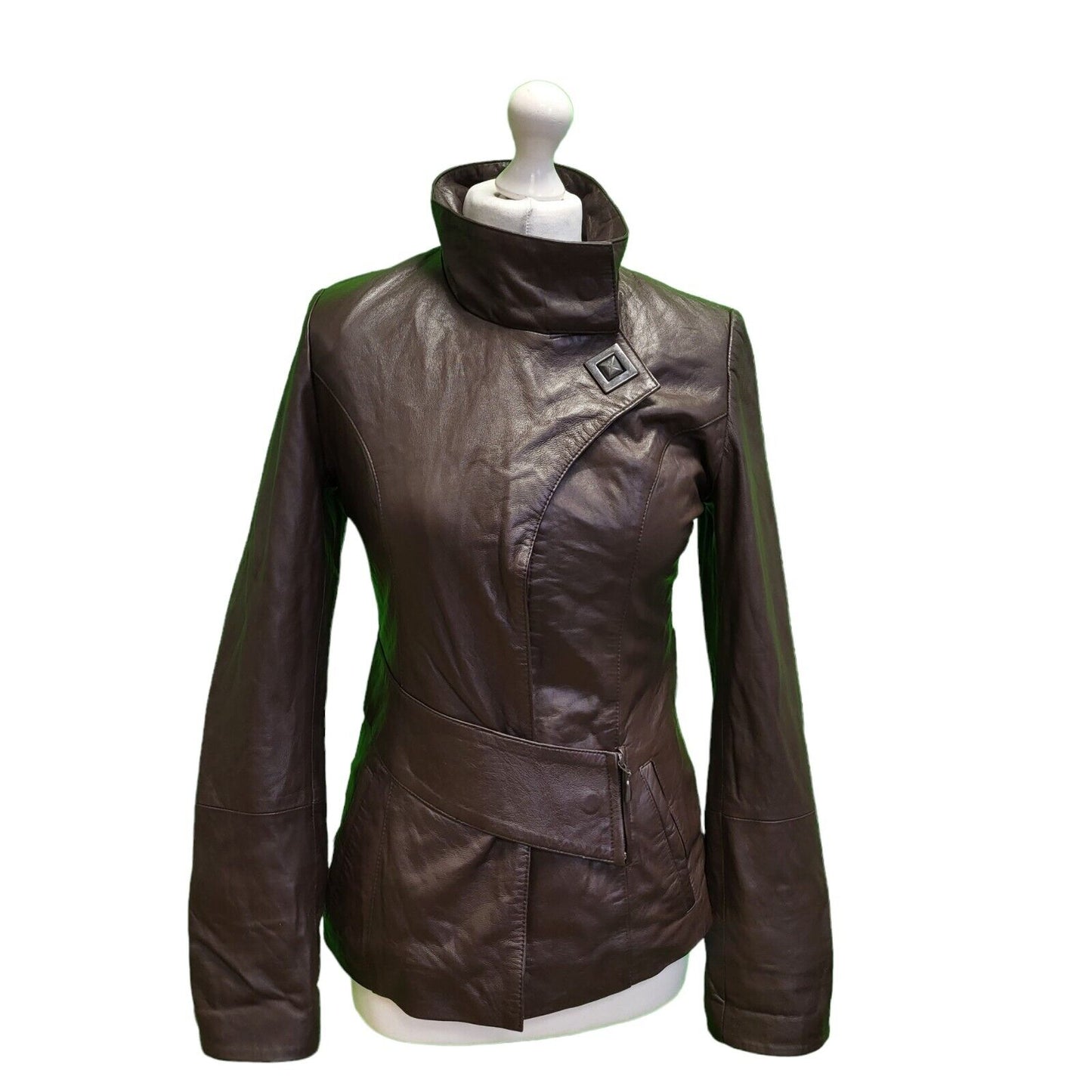 Bessimod Brown Zipped Leather Collared Jacket Women's UK S 8 H611