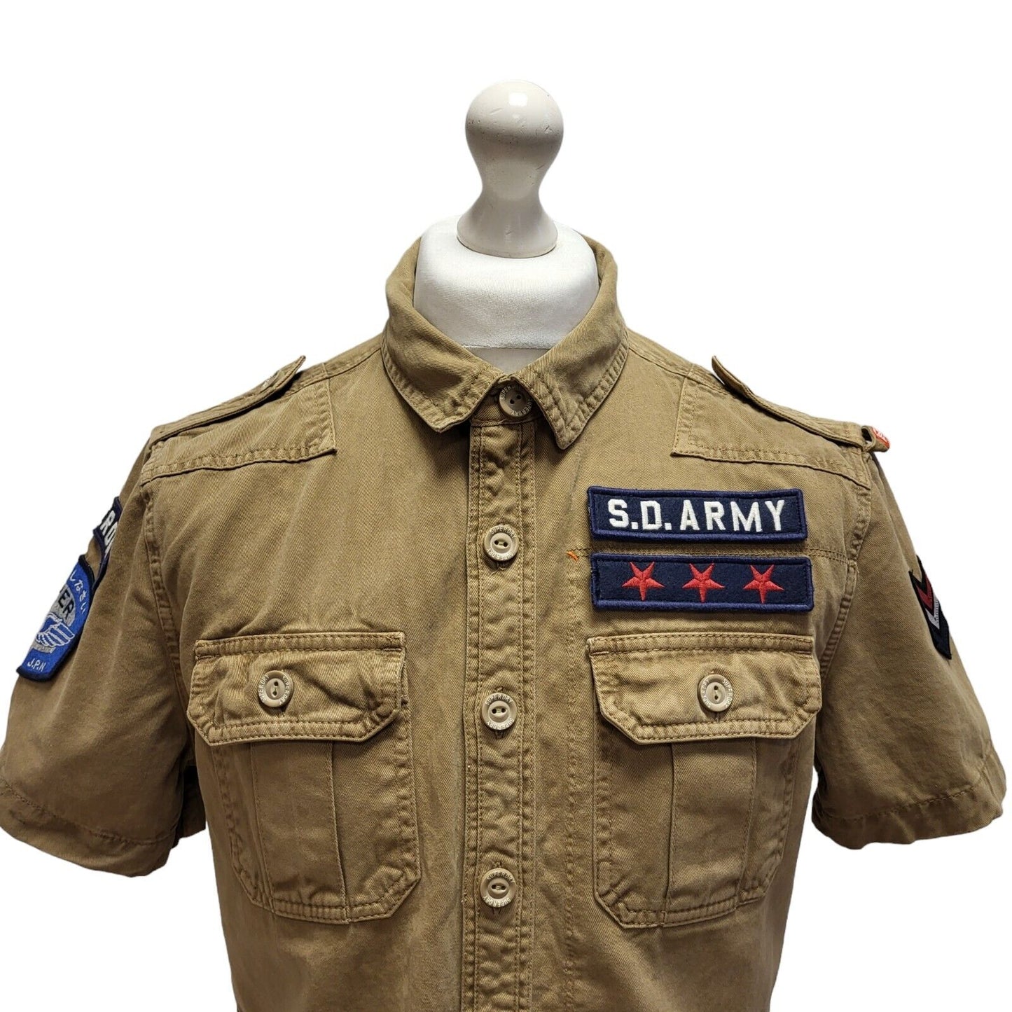 Superdry Khaki Short Sleeve Denim Shirt Uk Men's Medium BB382