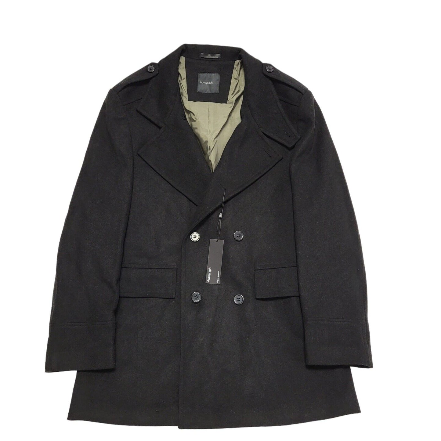 Autograph Black Button Wool Collared Overcoat Uk Men's Size Large Bnwt BB310