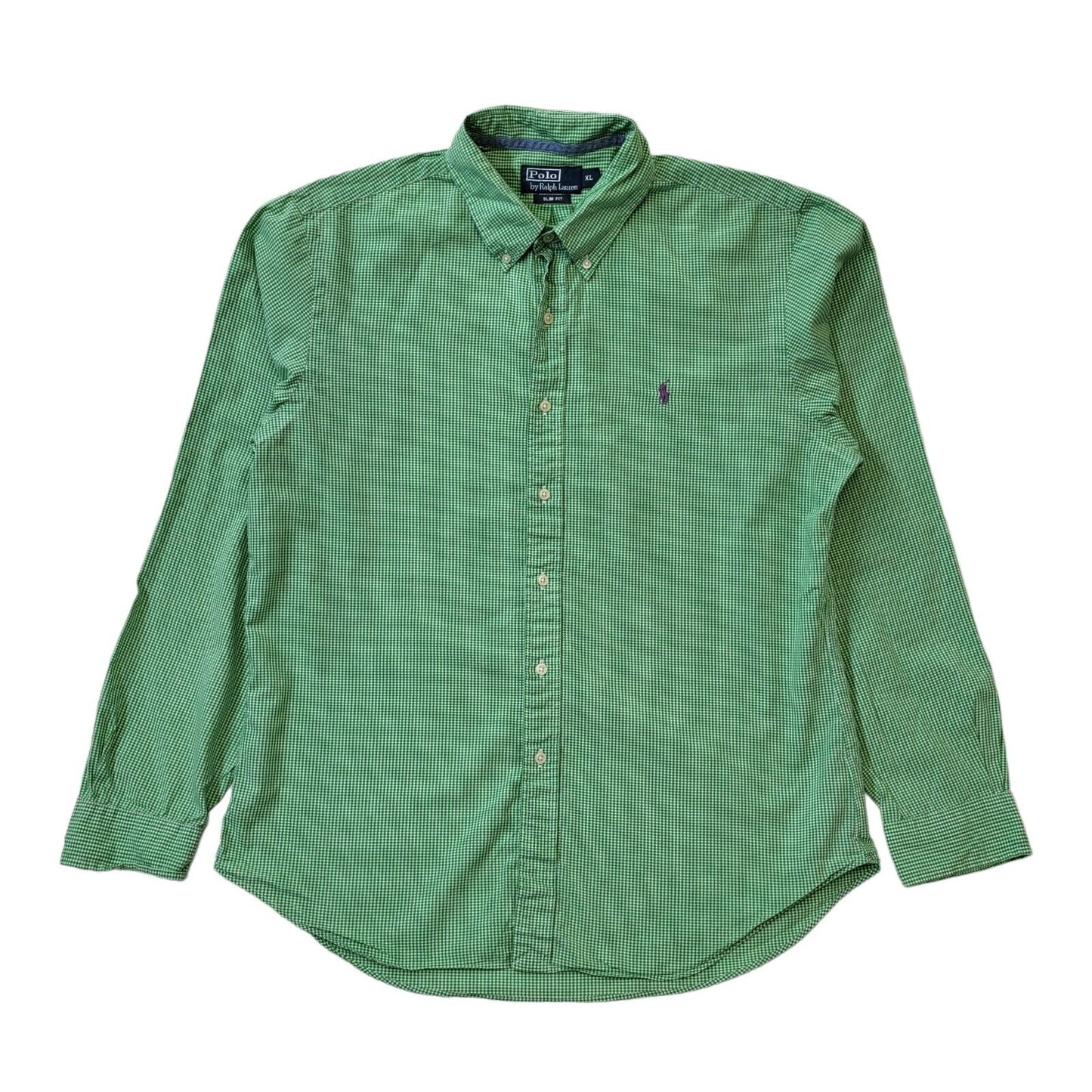 Polo Ralph Lauren Green White Check Slim Long Sleeve Shirt Uk Men's XL G588