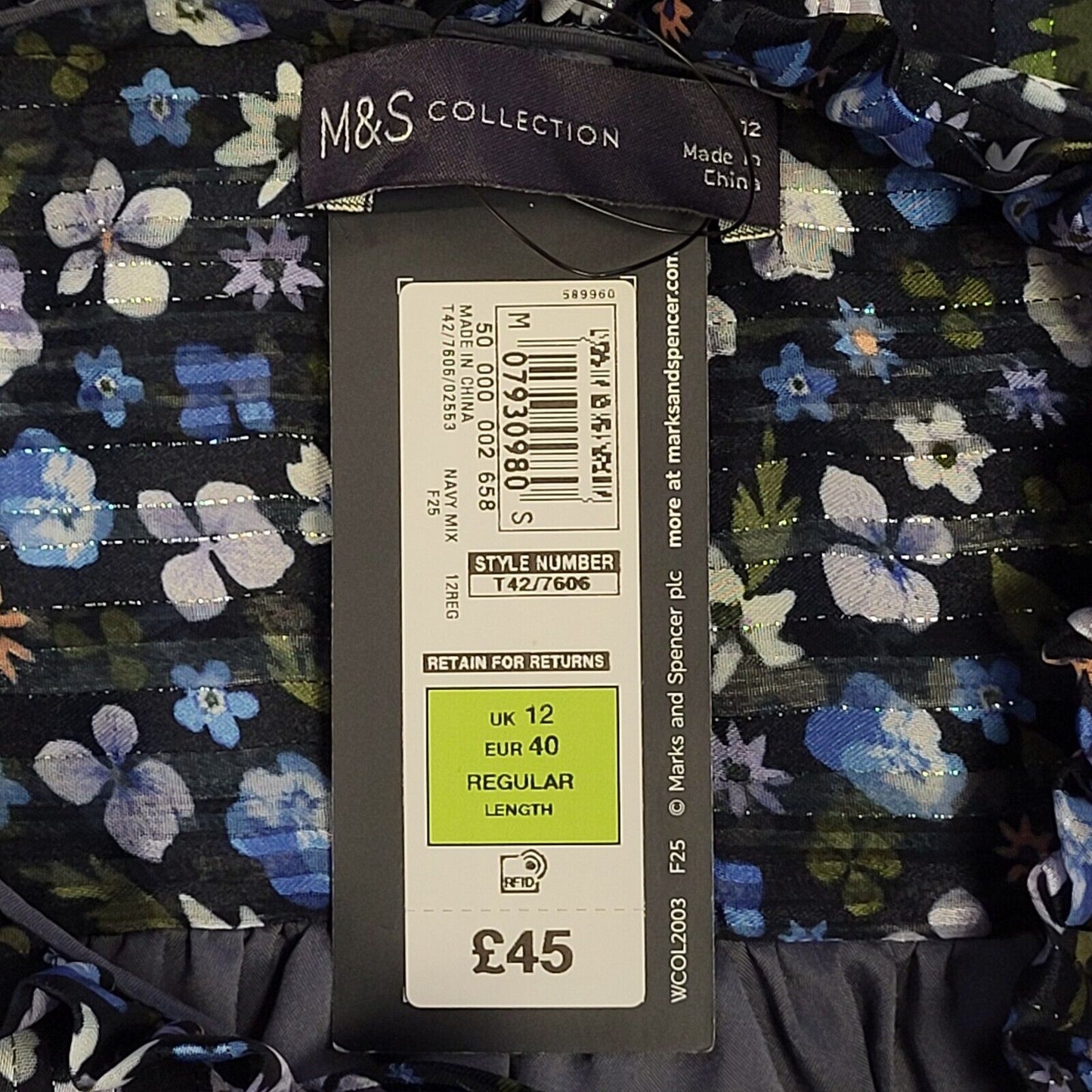 M&S Blue Green Floral 3/4 Sleeve Shift Dress UK Women's 12 Bnwt BB341