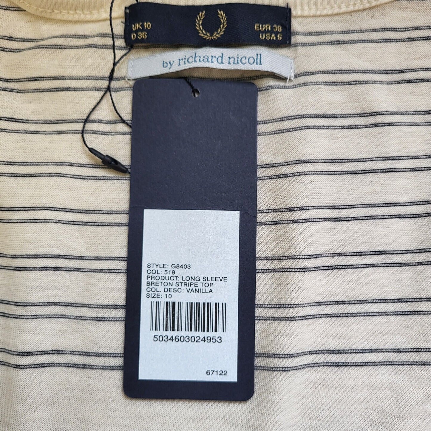 Fred Perry Cream Striped Slim Fit Shirt Women's Uk M 10 EU 38 BNWT G813