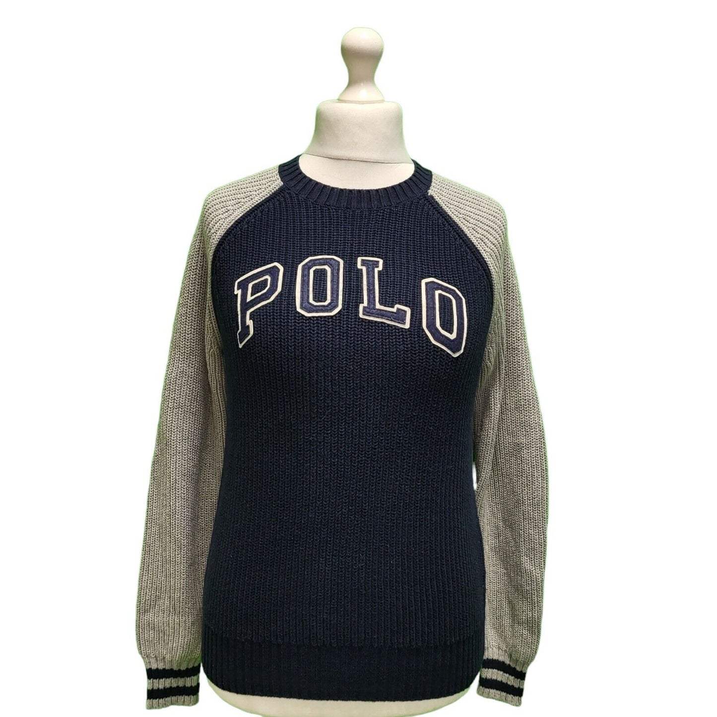 Polo Lauren Navy Grey Spell Out Knit Jumper Women's UK L 12 EU 40 H144