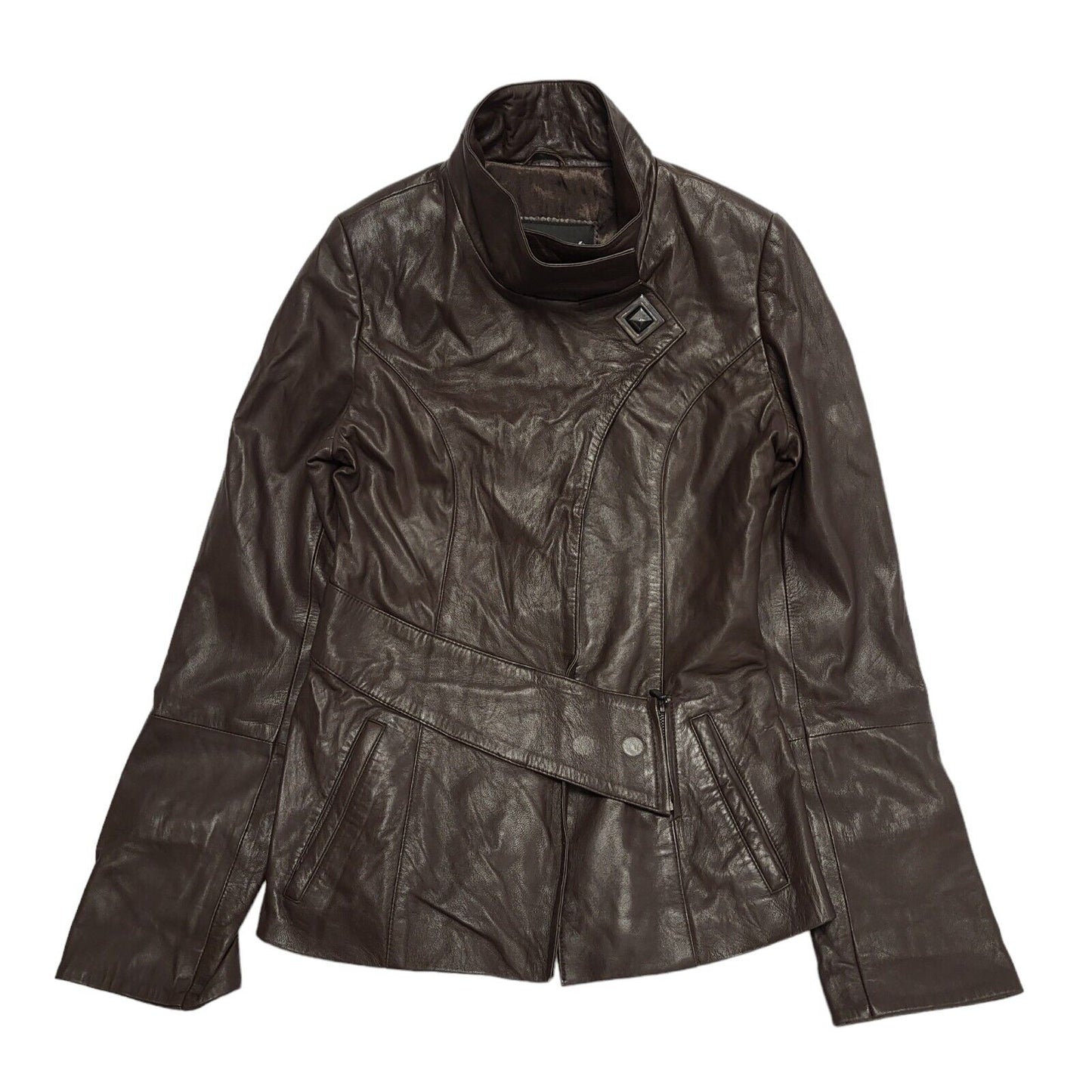 Bessimod Brown Zipped Leather Collared Jacket Women's UK S 8 H611