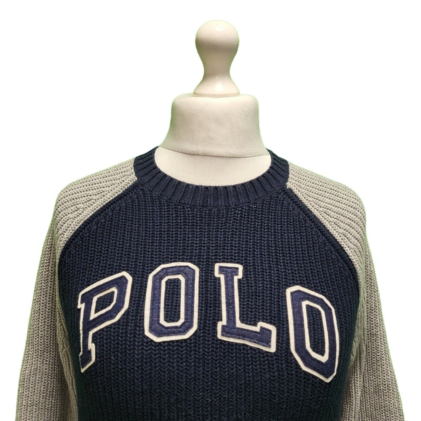 Polo Lauren Navy Grey Spell Out Knit Jumper Women's UK L 12 EU 40 H144