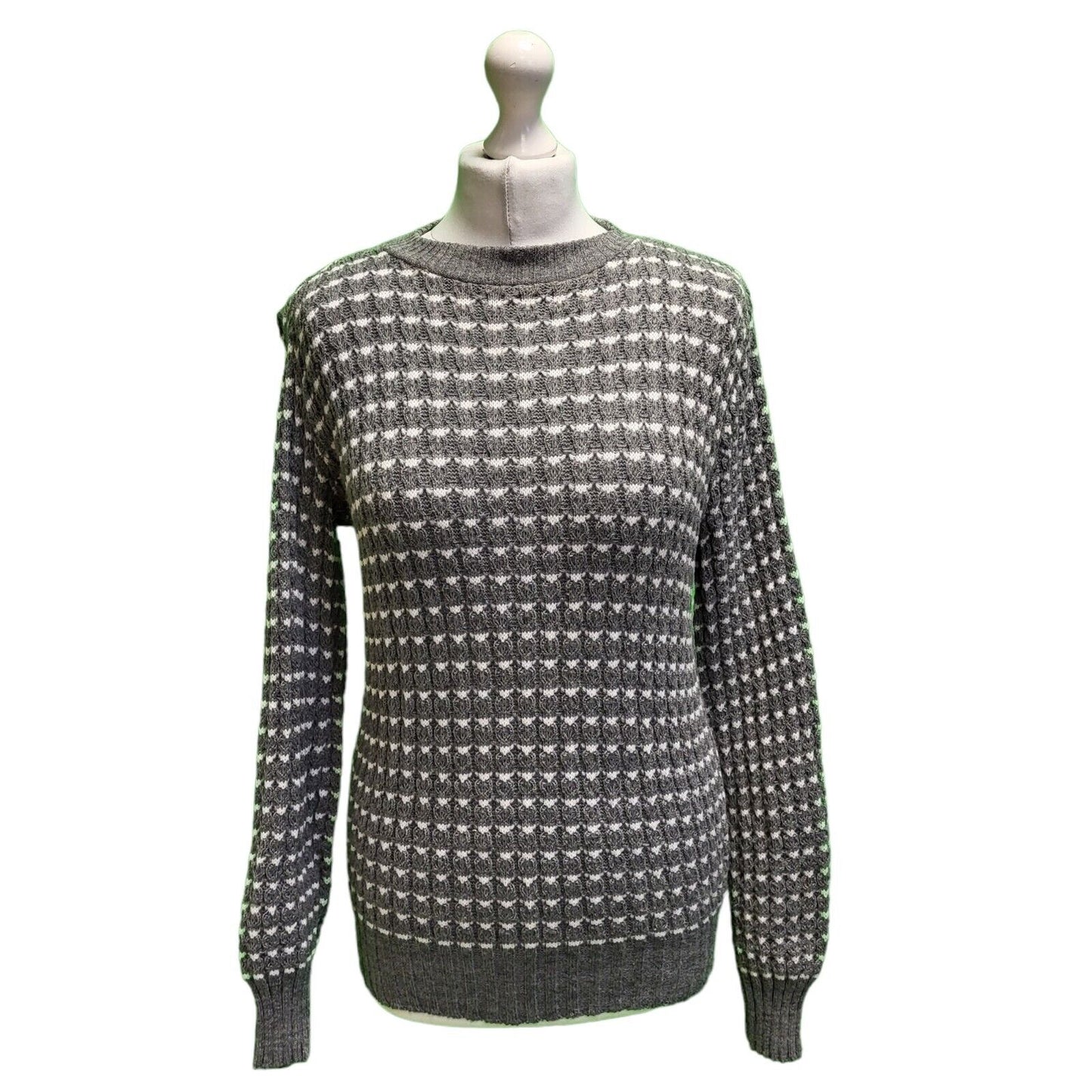 Vintage Grey Geometric Round Neck Wool Blend Jumper Uk Women's S 8 H715