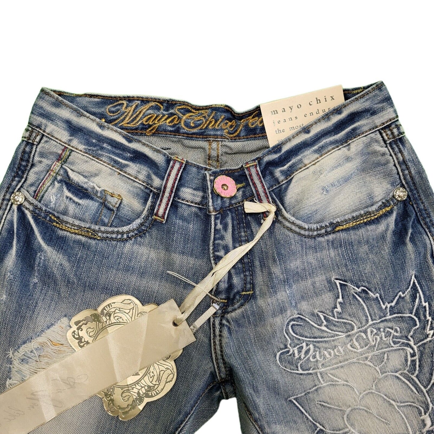 Mayo Chix Blue Destressed Floral Denim Shorts Women's uk BNWT XS W24 H540