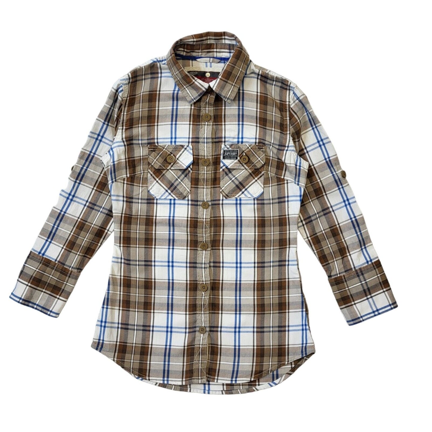 Superdry Brown White Check Long Sleeve Casual Shirt Uk Women's S Eu 36 G278