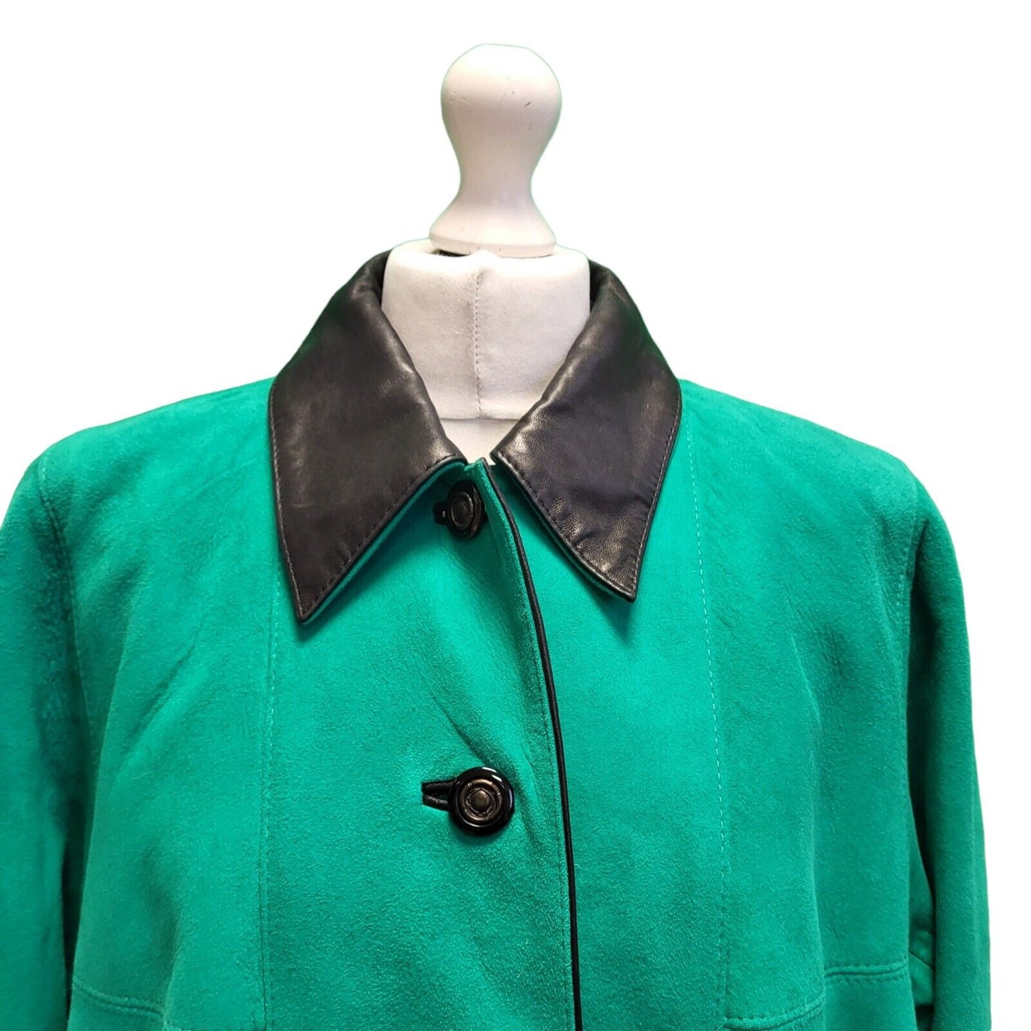 Caroline Moore Green Black Trim Suede Leather Coat Mac Women's uk 12 H390