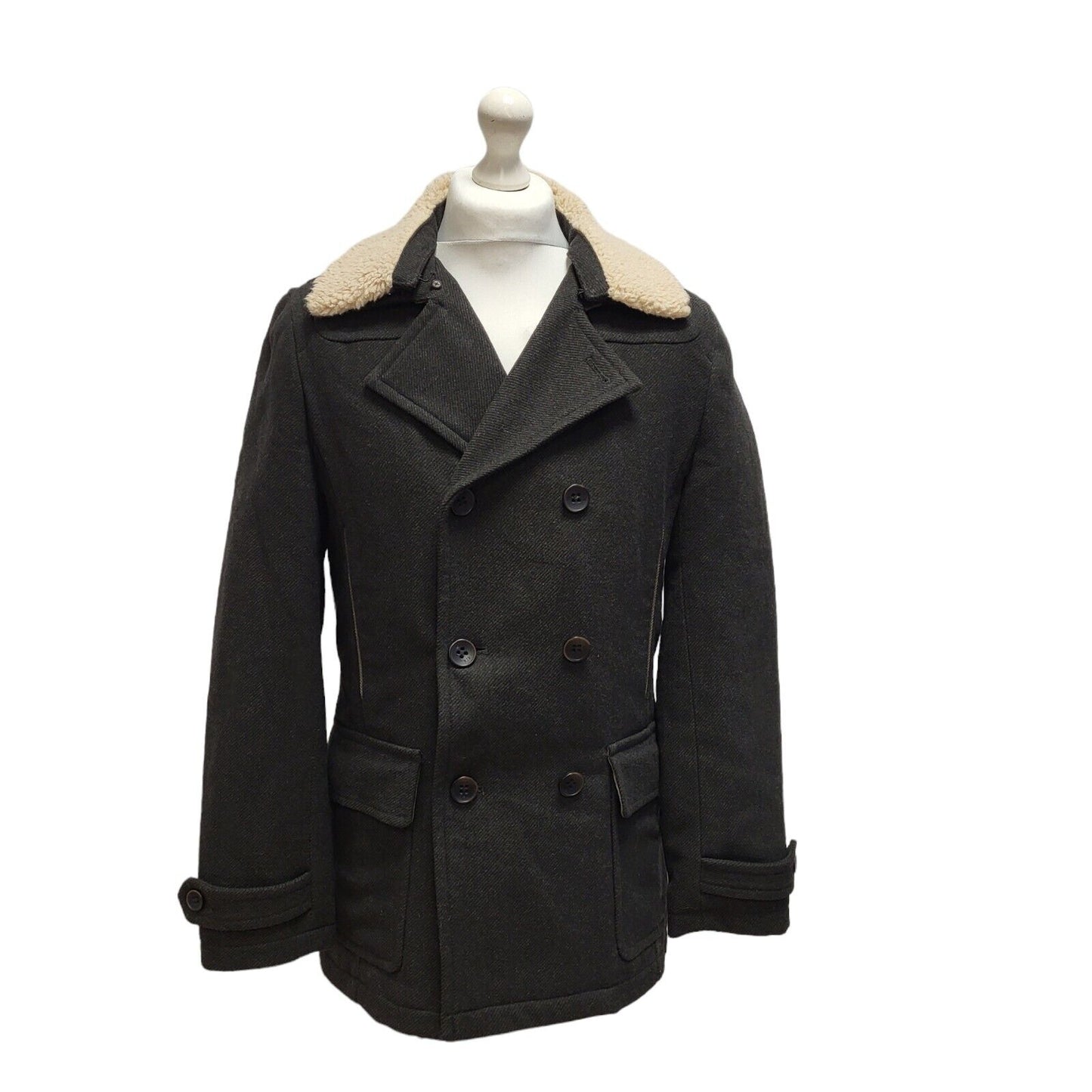 John Rocha Black Button Wool Collared Overcoat Uk Men's Size Small BB309