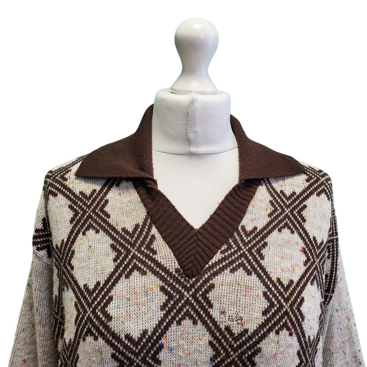 Vintage County Magna Brown Collared Speckled Knit Jumper Women's UK 14-16 H232