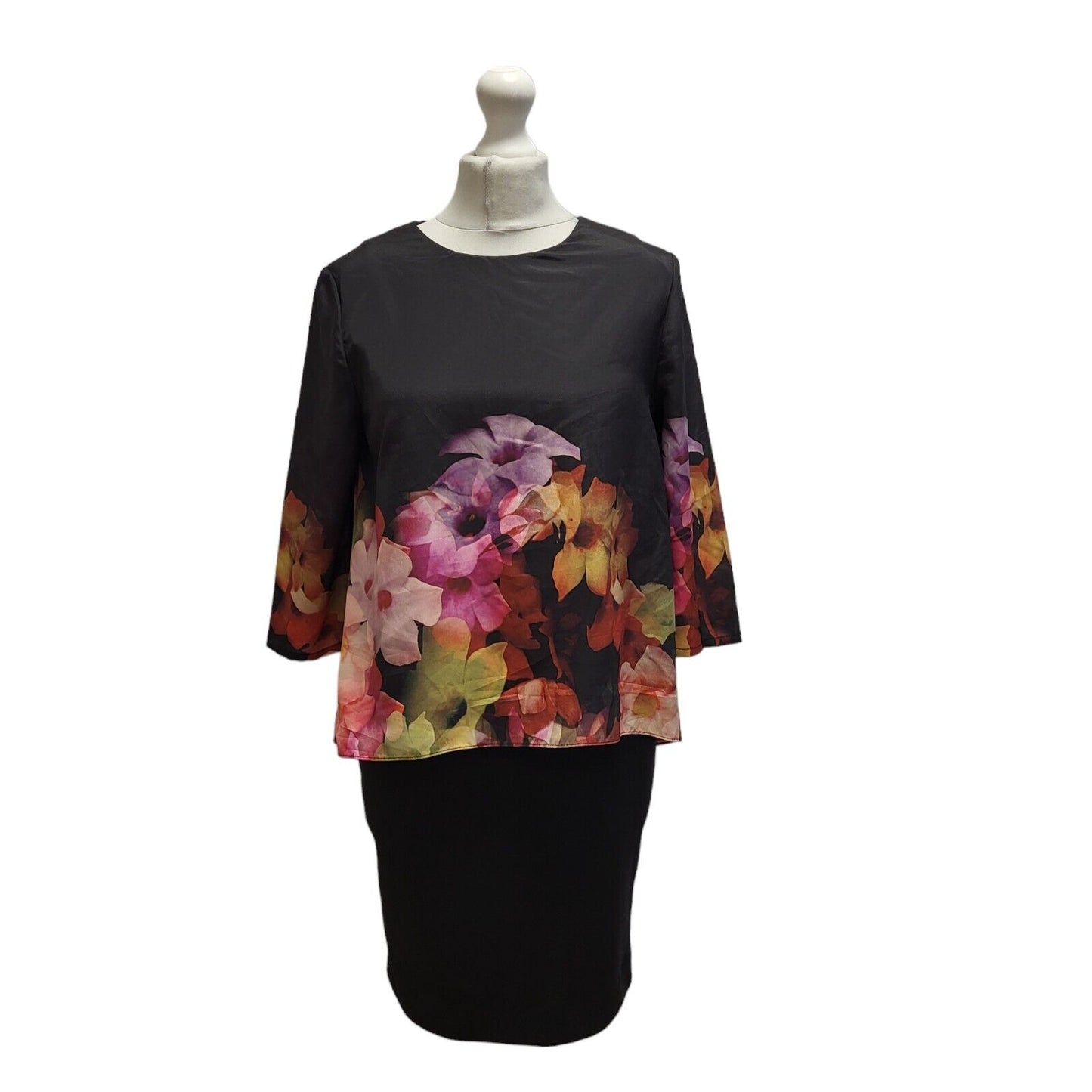 Ted Baker Black Pink 3/4 Sleeve Floral Evening Dress UK Women's S BB357