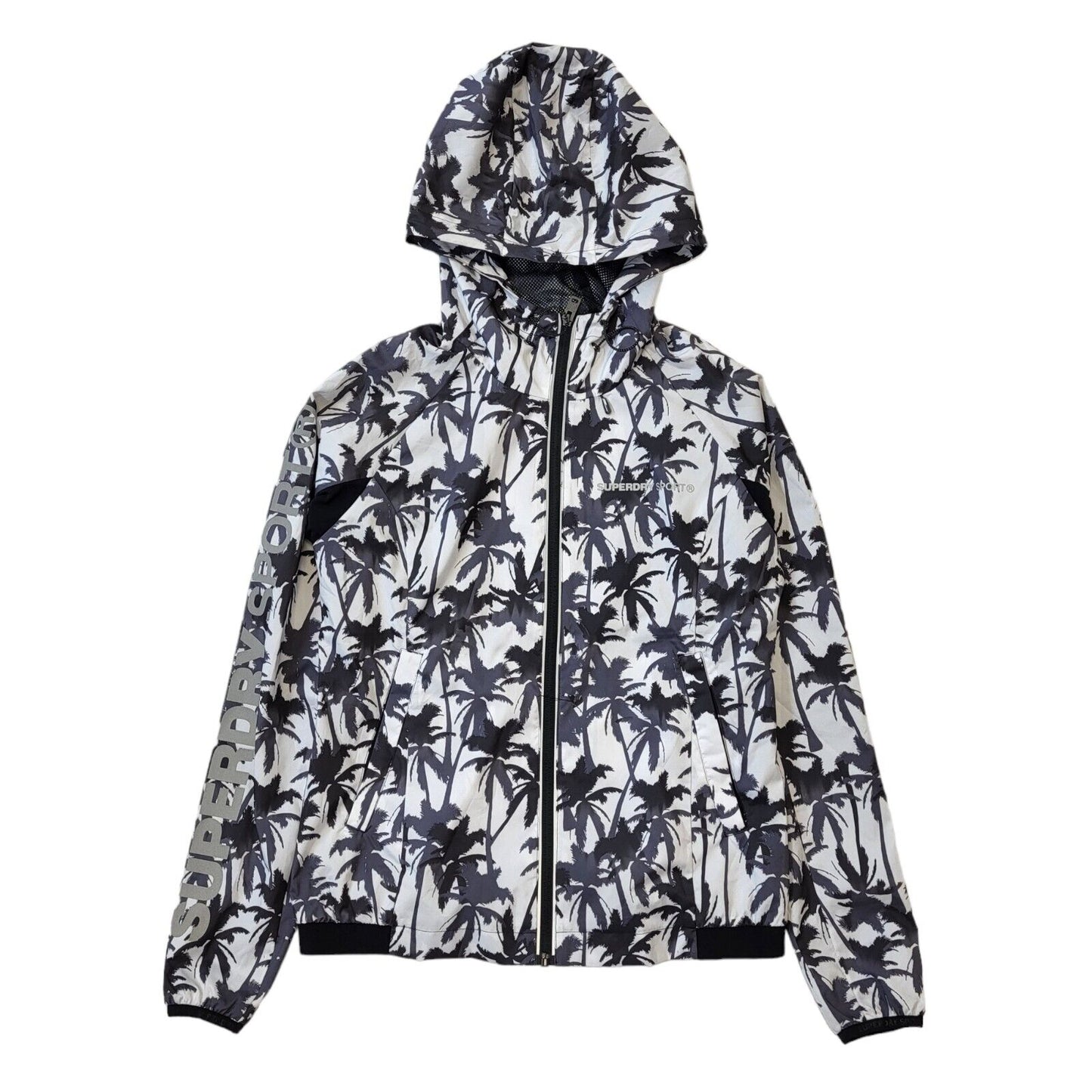 Superdry Zipped Hooded Sport Jacket Black White Palm Tree Womens UK M G353