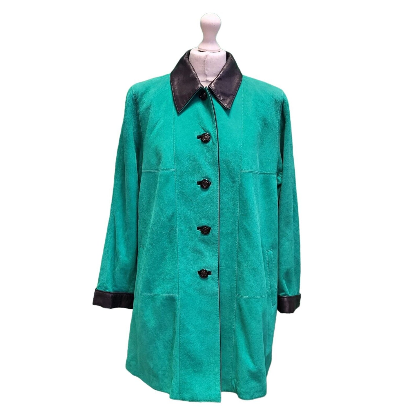 Caroline Moore Green Black Trim Suede Leather Coat Mac Women's uk 12 H390
