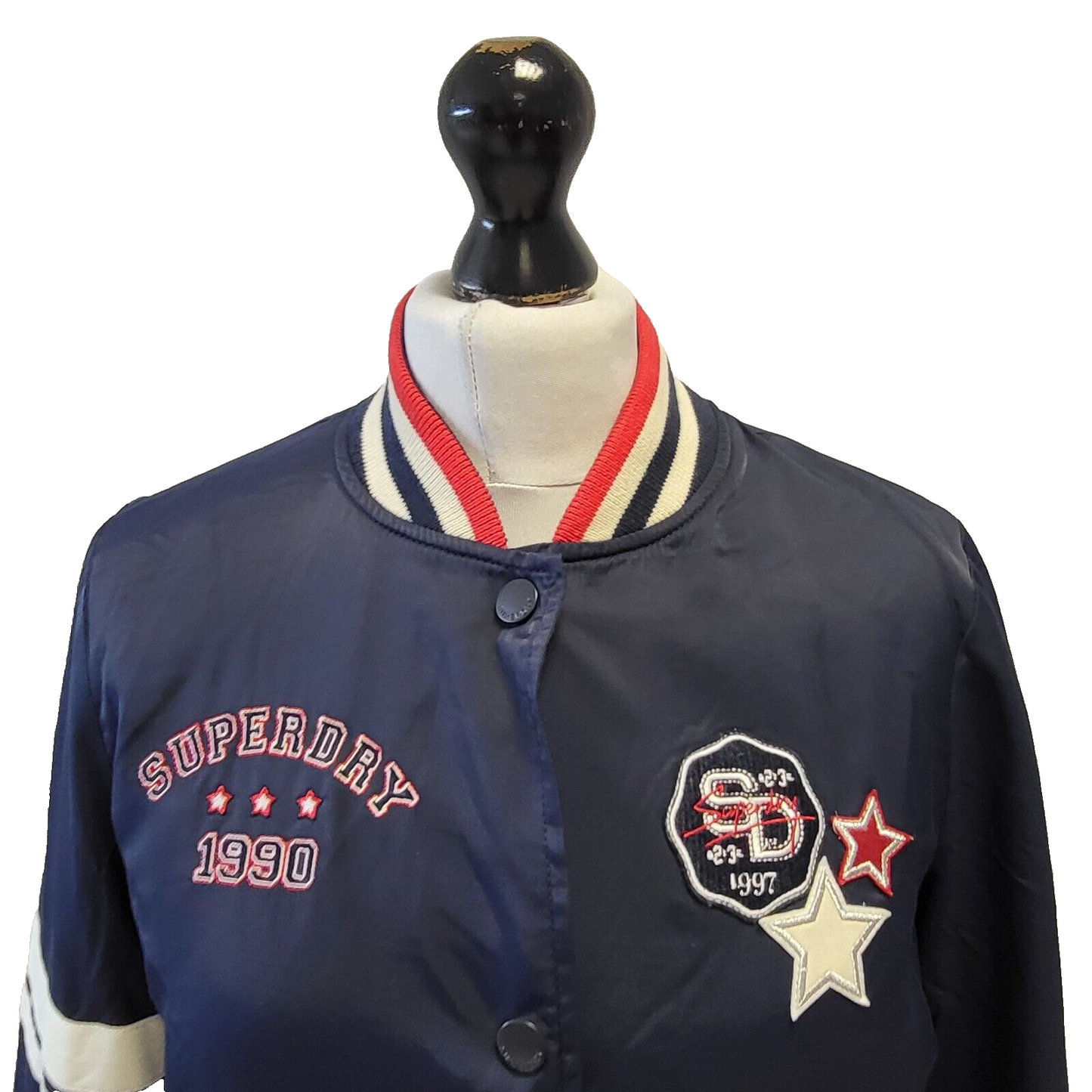 Superdry 1990 Snap Fasten Navy Blue Varsity Jacket Uk Women's 6 G701