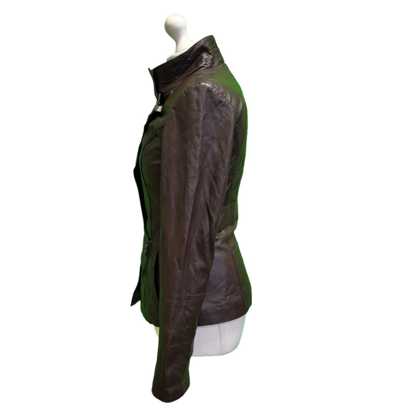 Bessimod Brown Zipped Leather Collared Jacket Women's UK S 8 H611