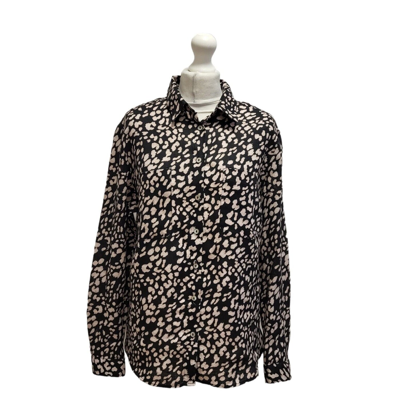 John Lewis Black Pink Abstract Linen Safari Blouse Top UK Women's 16 Bnwt BB358