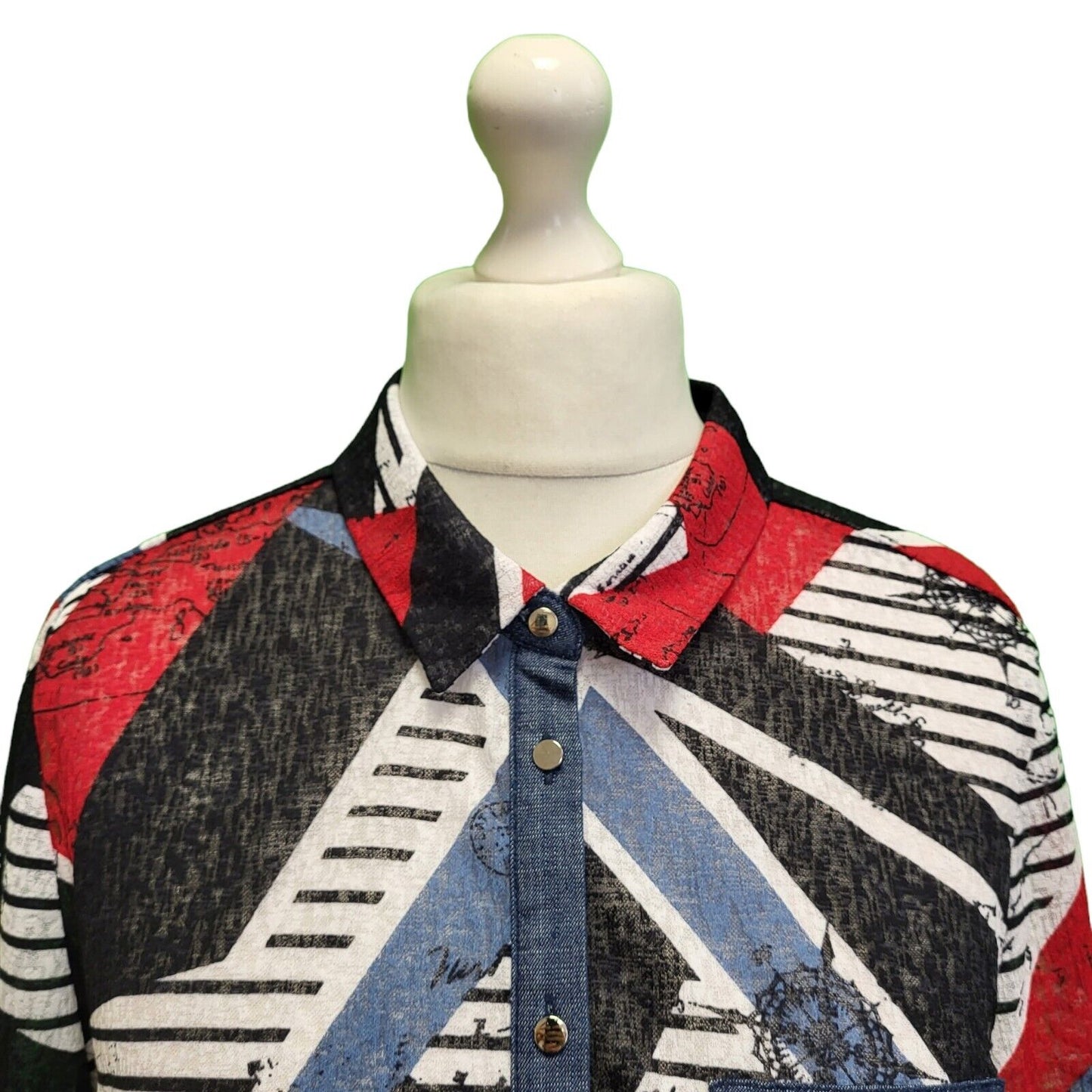 Eten Blue Red Button Up L/Sleeve Sheer Blouse Women's Shirt BNWT UK XL H384