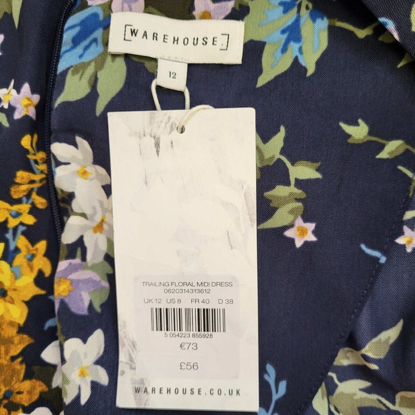 Warehouse Blue Trailing Floral Summer Midi Dress Uk Women's 12 Eu 40 Bnwt G108