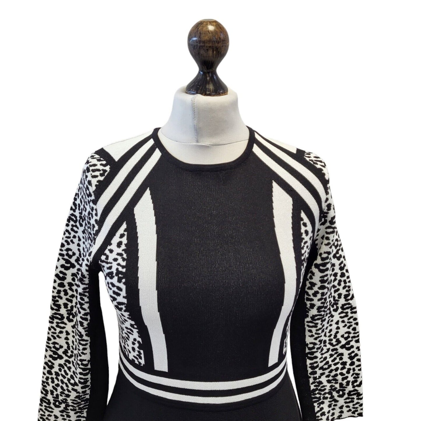 Karen Millen Black White 3/4 Sleeve Round Neck Dress Uk Women's M G610