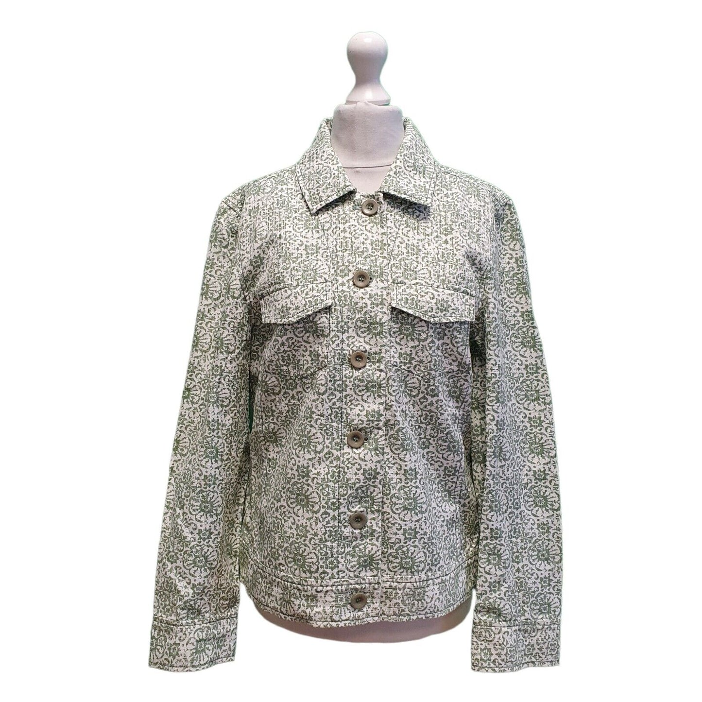 Foxcroft Green White Button Cotton Dress Jacket Women's uk 10 M eu 38 G814