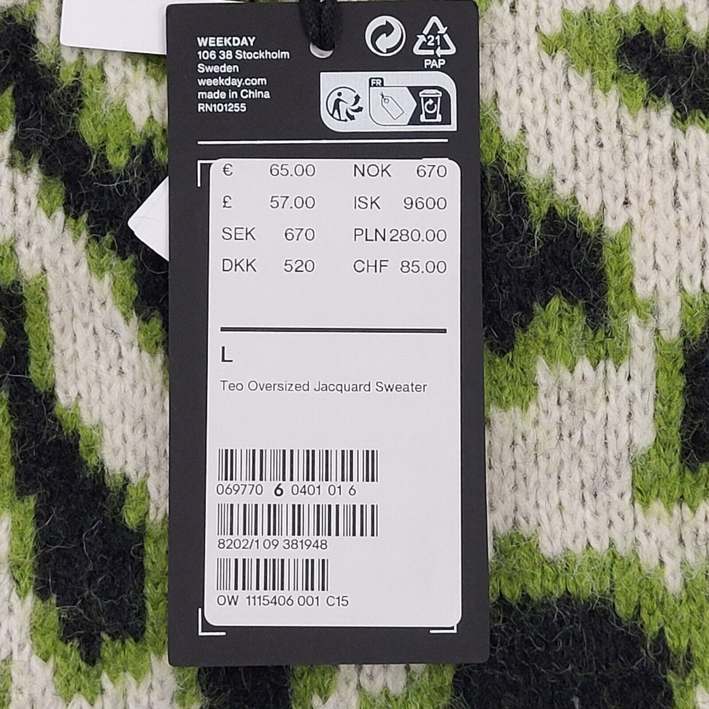 Weekday Green Abstract Crew Neck Cotton Jumper Uk Men's Large Bnwt BB279