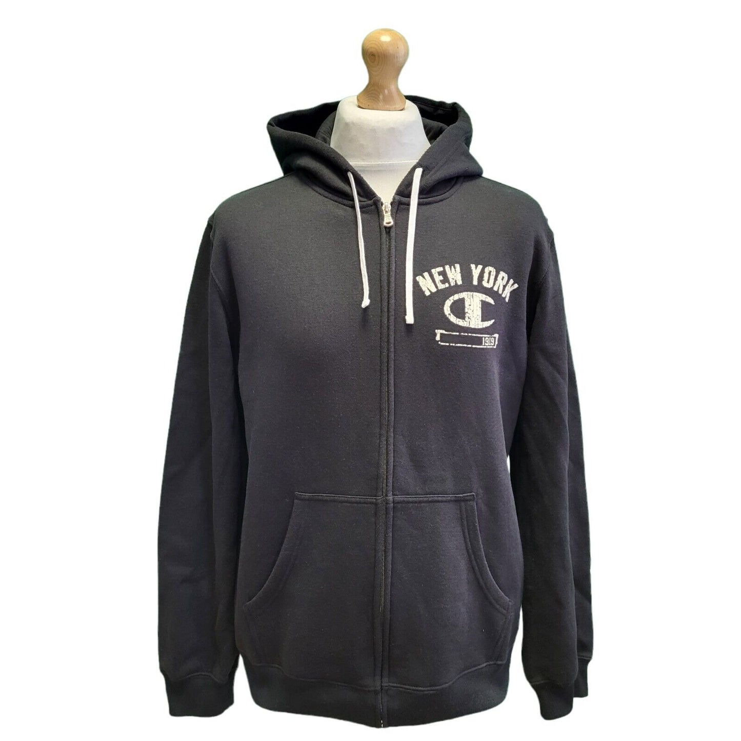 Champion Black New York Zip Drawstring Sports Sweatshirt Hoodie Men's uk L G916