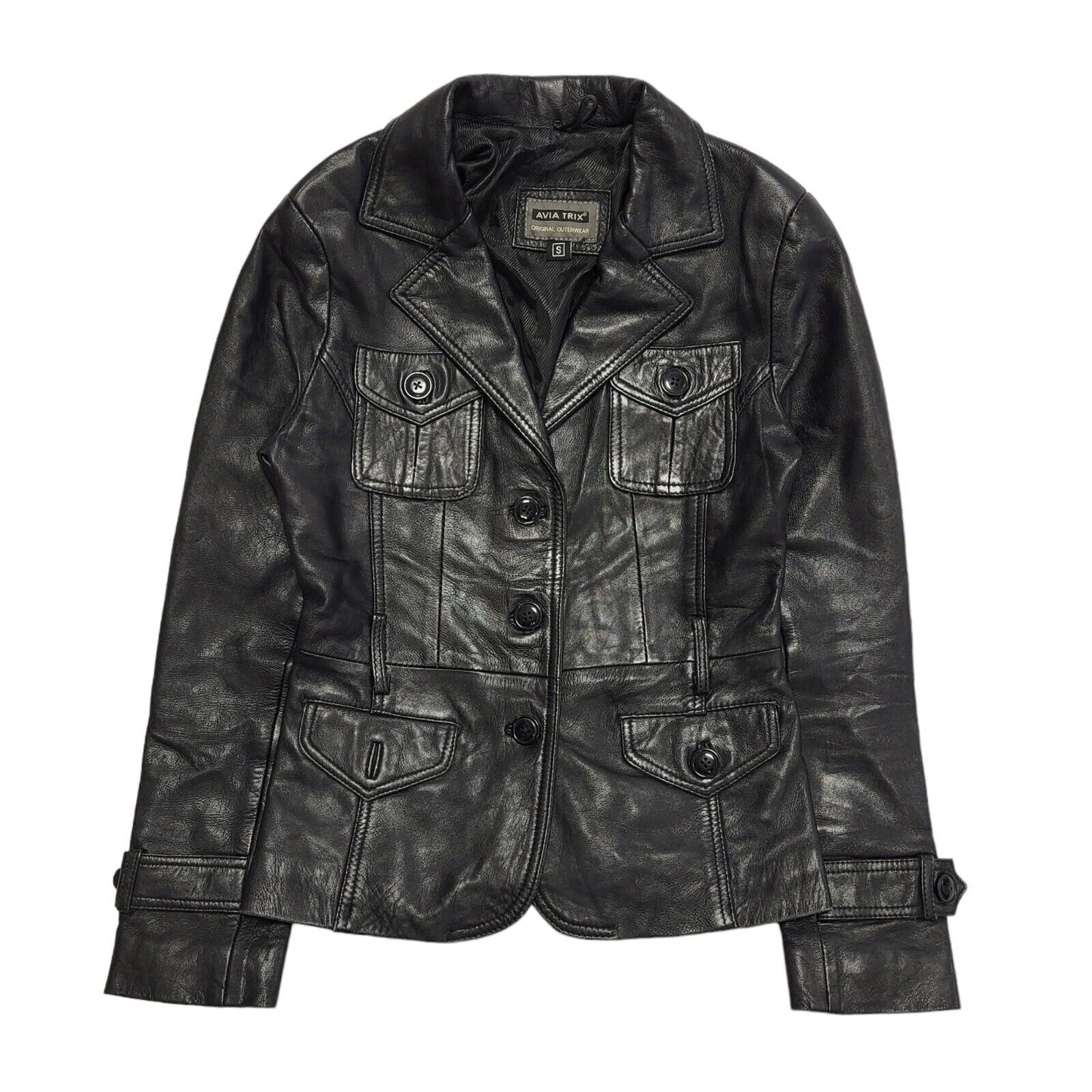 Avia Trix Black Button Leather Collared Jacket UK Women's Small H721