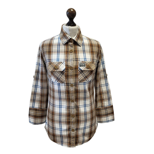 Superdry Brown White Check Long Sleeve Casual Shirt Uk Women's S Eu 36 G278