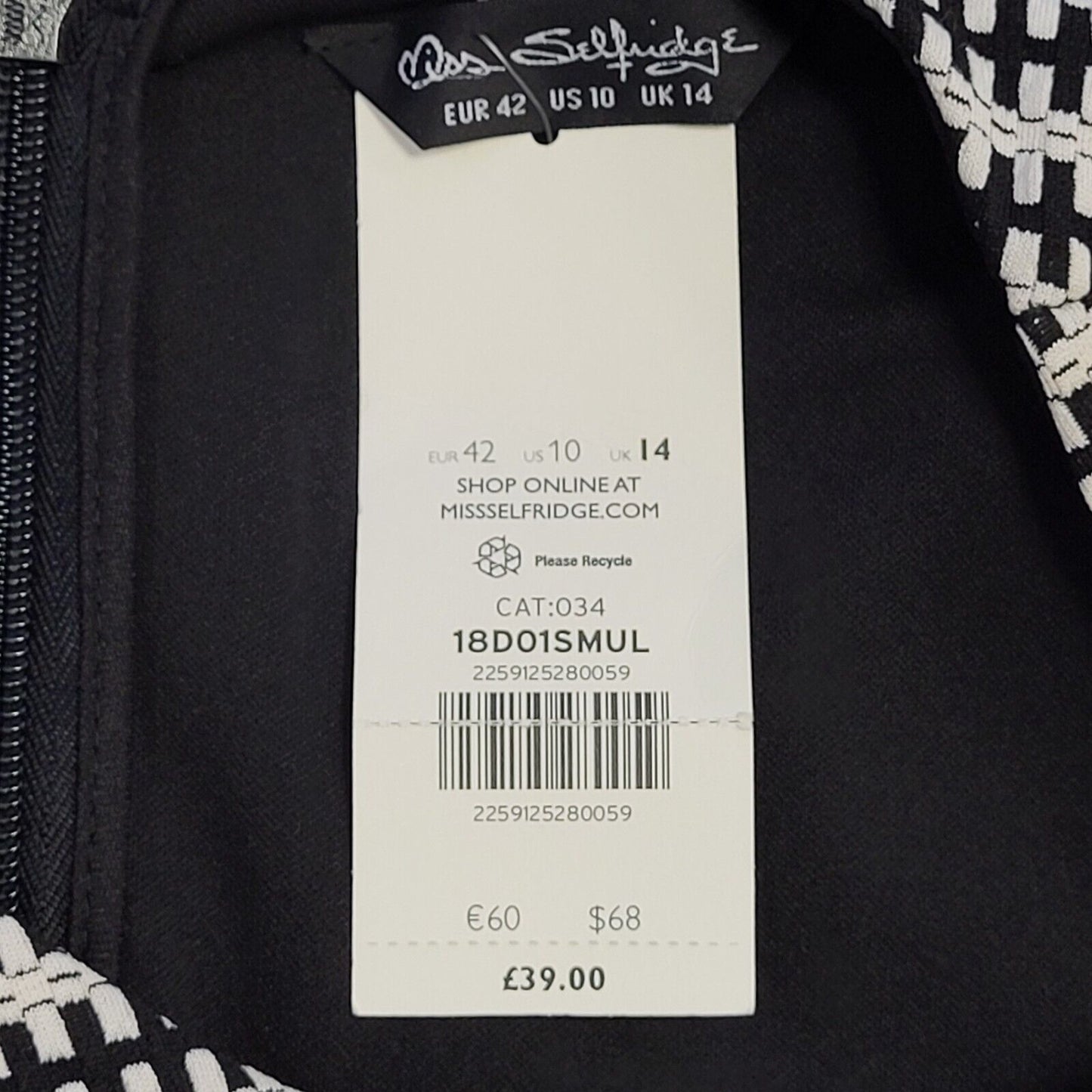 Miss Selfridge Black White Short Sleeve Formal Dress UK Women's 14 Bnwt BB343
