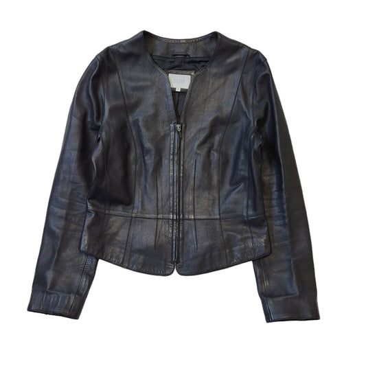 Marks & Spencer Black Zipped Leather Jacket Uk Women's 10 G729