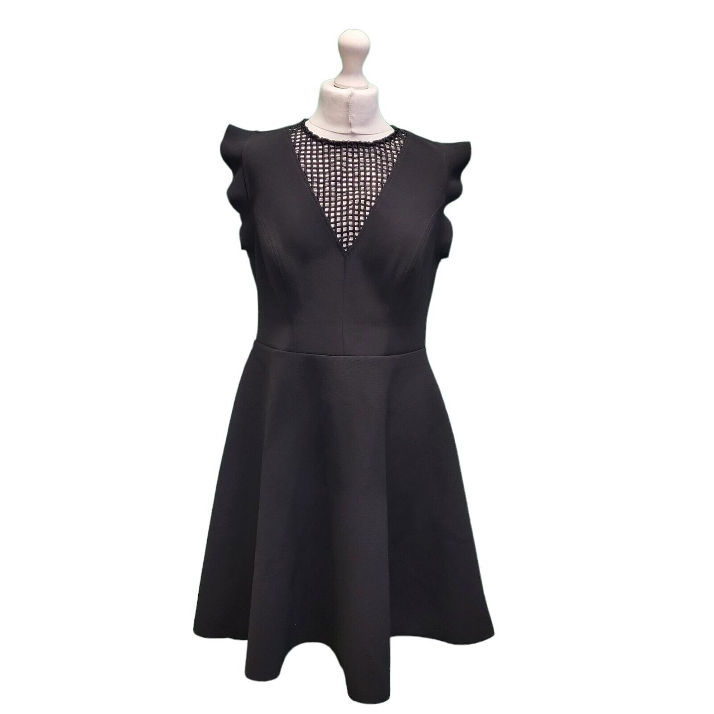 Next Black Lace Front Cap Sleeve A-Line Formal Dress Women's UK 16 G762