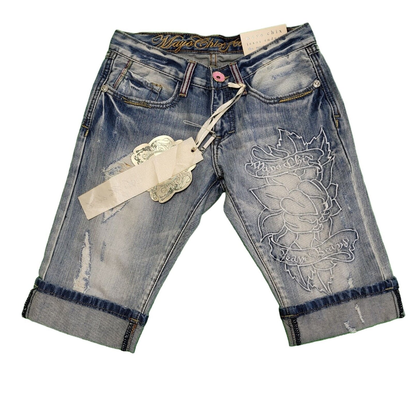 Mayo Chix Blue Destressed Floral Denim Shorts Women's uk BNWT XS W24 H540