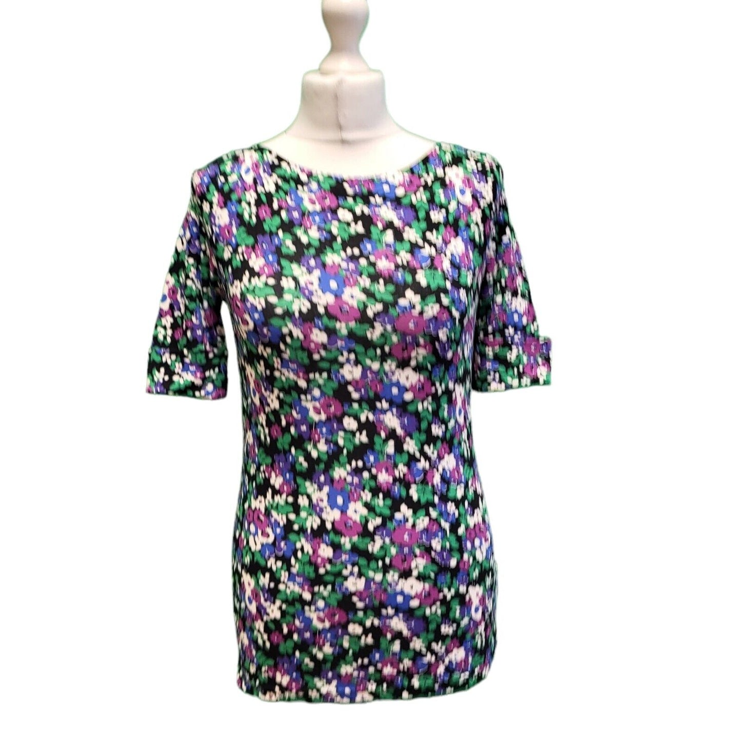 Ralph Lauren Black Purple Floral Short Sleeve Women's UK XS 6 H187