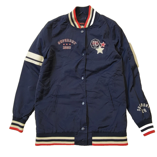 Superdry 1990 Snap Fasten Navy Blue Varsity Jacket Uk Women's 6 G701