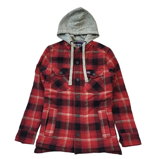 Superdry Red Black Check Zip & Button Hooded Jacket Uk Men's Small G508