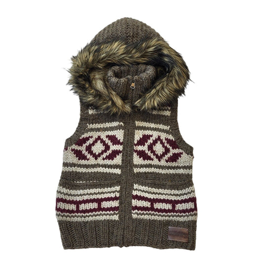 Superdry Gilet Full Zip Fur Trim Hooded Brown& Maroon Uk Women's Small G382