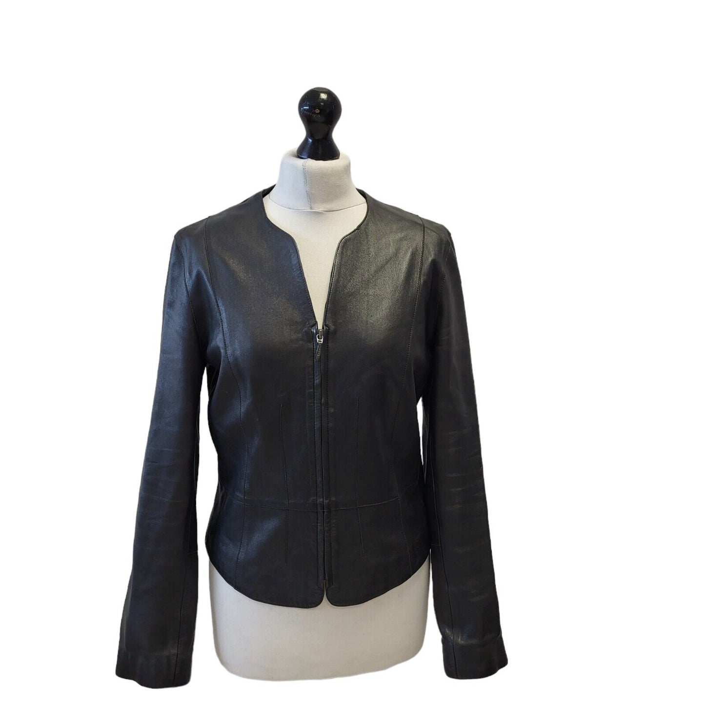 Marks & Spencer Black Zipped Leather Jacket Uk Women's 10 G729