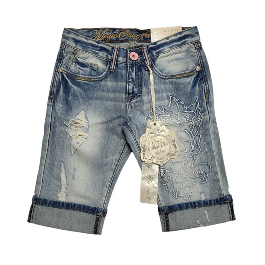 Mayo Chix Blue Destressed Floral Denim Shorts Women's uk BNWT XS W24 H540