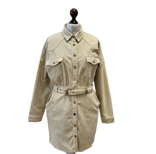 River Island Beige Corduroy Collared Belted Button Shirt Dress BNWT UK 14 G351