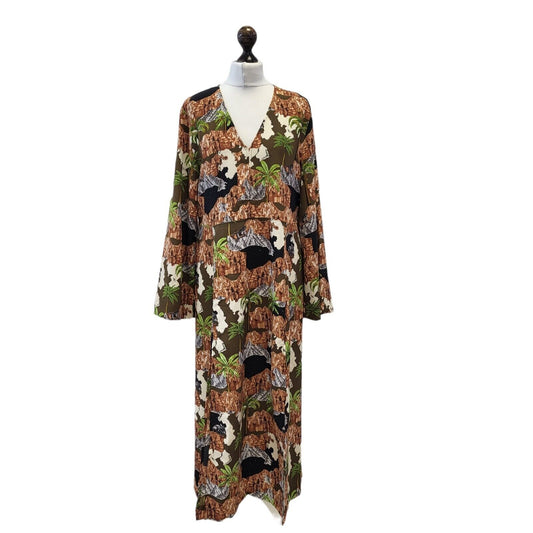 Monki Brown Green Floral Summer Dress Uk Women's M Eu 38 Bnwt G253