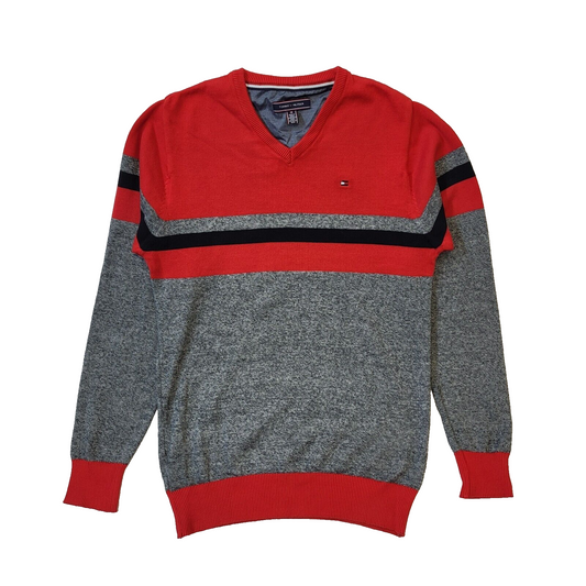 Tommy Hilfiger Red Grey V-Neck Cotton Jumper Men's UK M EU 50 G860