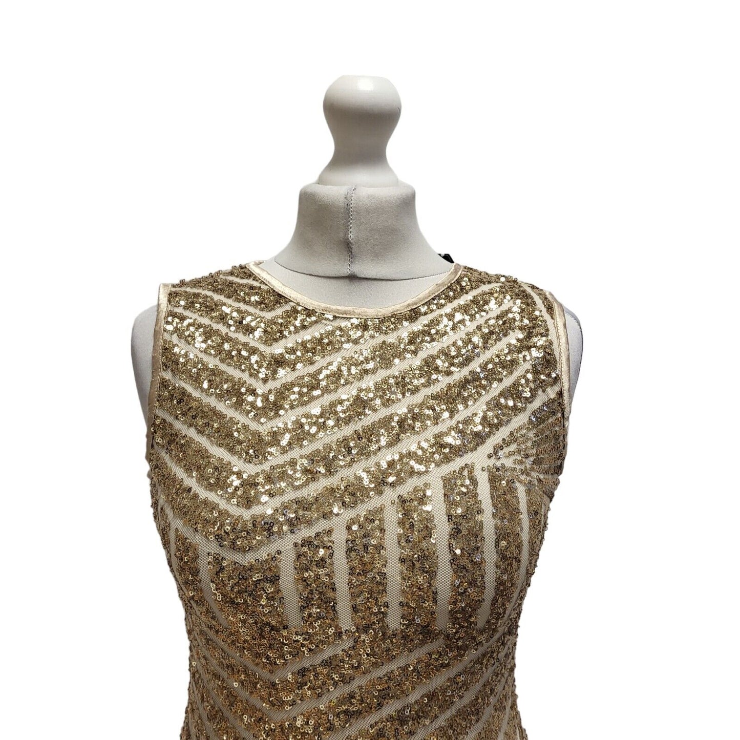 Quiz Gold Sequin Zig Zag Split Evening Formal Dress Women's UK 8 BNWT BB404