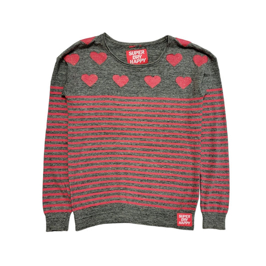 Superdry Jumper Pink Grey Striped Heart Print Uk Women's Size S G392