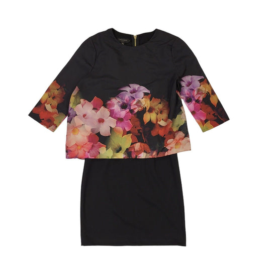 Ted Baker Black Pink 3/4 Sleeve Floral Evening Dress UK Women's S BB357