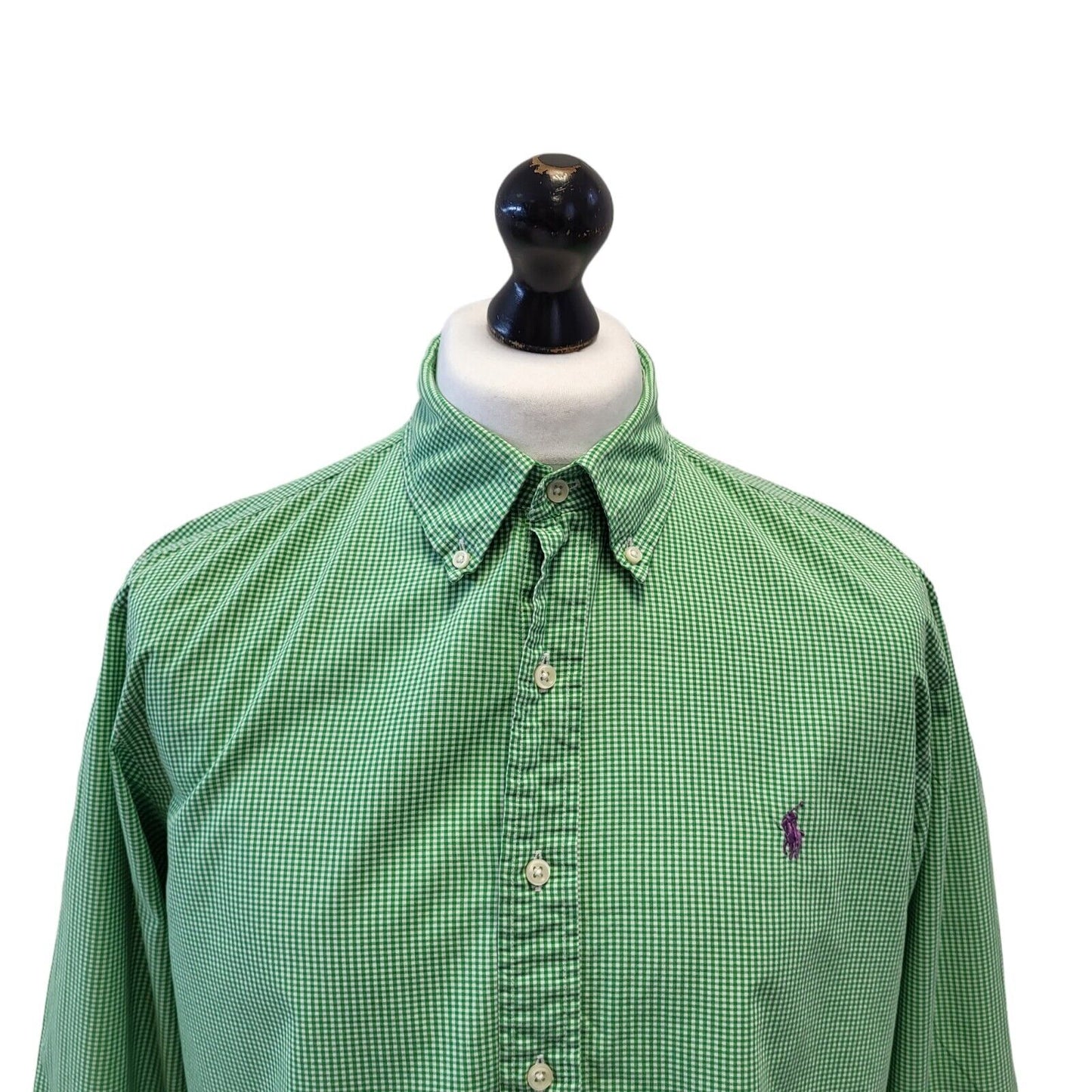 Polo Ralph Lauren Green White Check Slim Long Sleeve Shirt Uk Men's XL G588